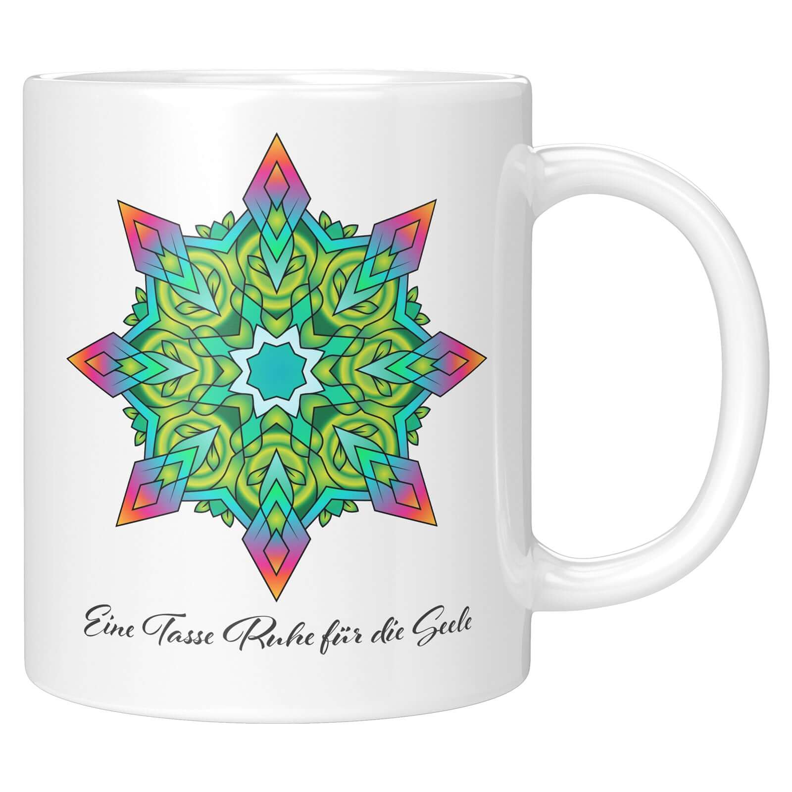 Personalisiert Tasse mit Mandala-Design, Harmonie, und "Eine Tasse Ruhe für die Seele" Schriftzug für Self-Care.