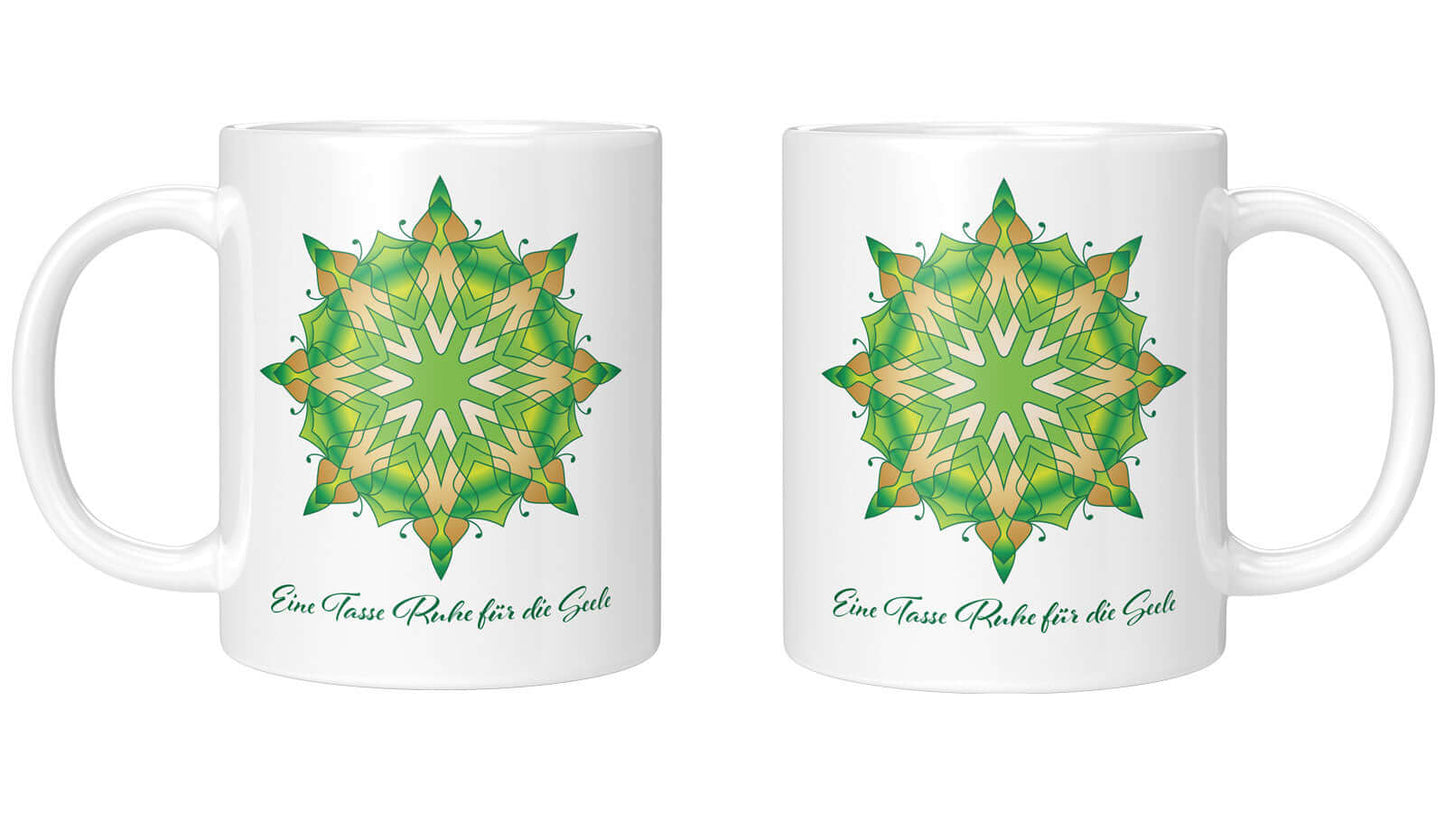 Mandala Tasse „Eine Tasse Ruhe für die Seele“, personalisierbar für Self-Care. Harmonisches Design, ideal für entspannte Kaffeepausen.