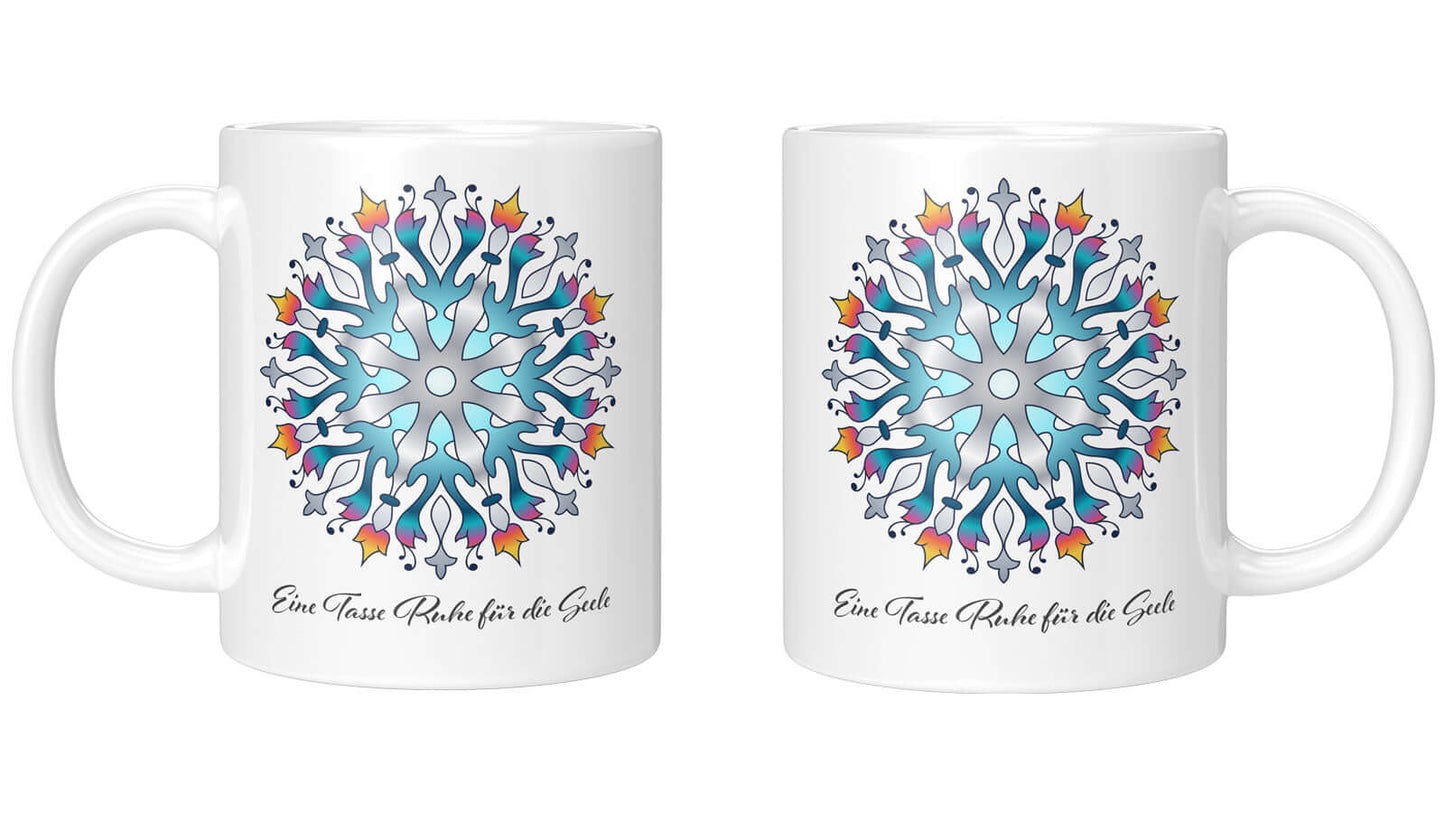 Mandala mug "Eine Tasse Ruhe für die Seele" with customizable text, ideal for self-care and relaxation moments.