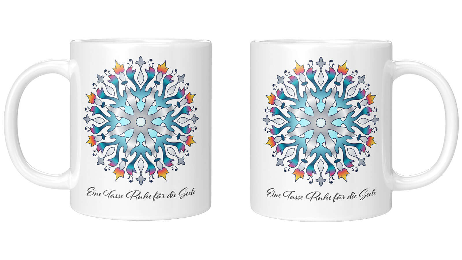 Mandala mug "Eine Tasse Ruhe für die Seele" with customizable text, ideal for self-care and relaxation moments.