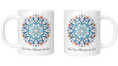 Mandala mug "Eine Tasse Ruhe für die Seele" with customizable text, ideal for self-care and relaxation moments.