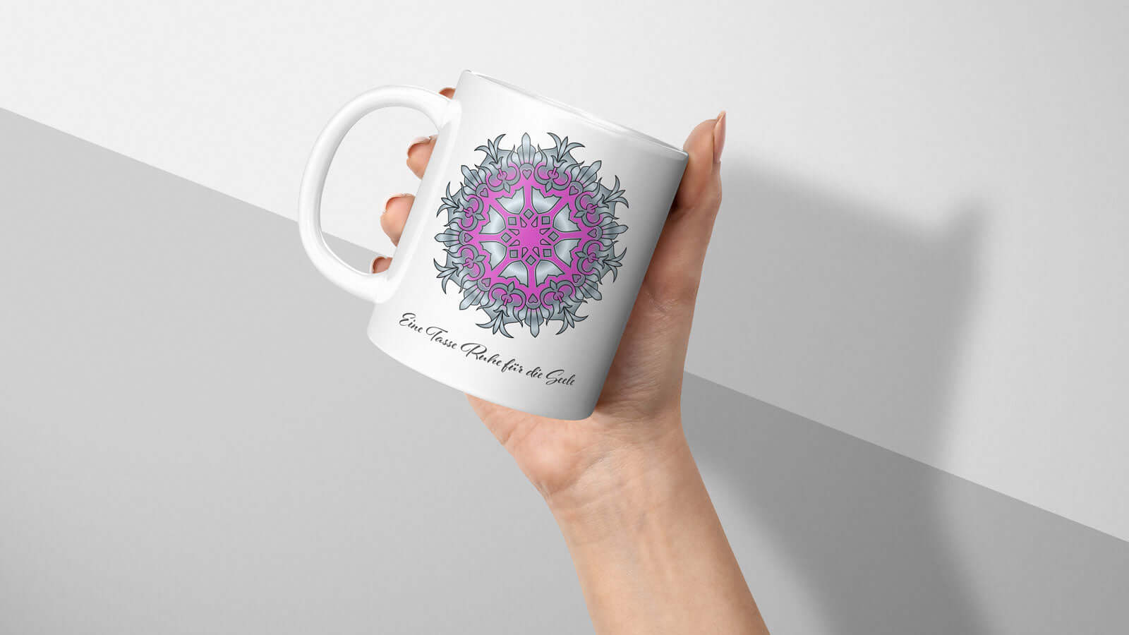 Hand holding personalized mug with mandala design, promoting self-care and relaxation, featuring customizable text option.