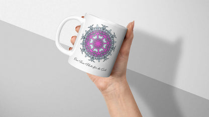 Hand holding personalized mug with mandala design, promoting self-care and relaxation, featuring customizable text option.