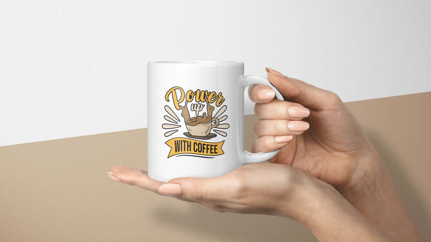 Handlettering-Tasse in kräftigem Orange und Kaffeebraun, Geschenkidee für energiegeladene Kaffee-Fans.