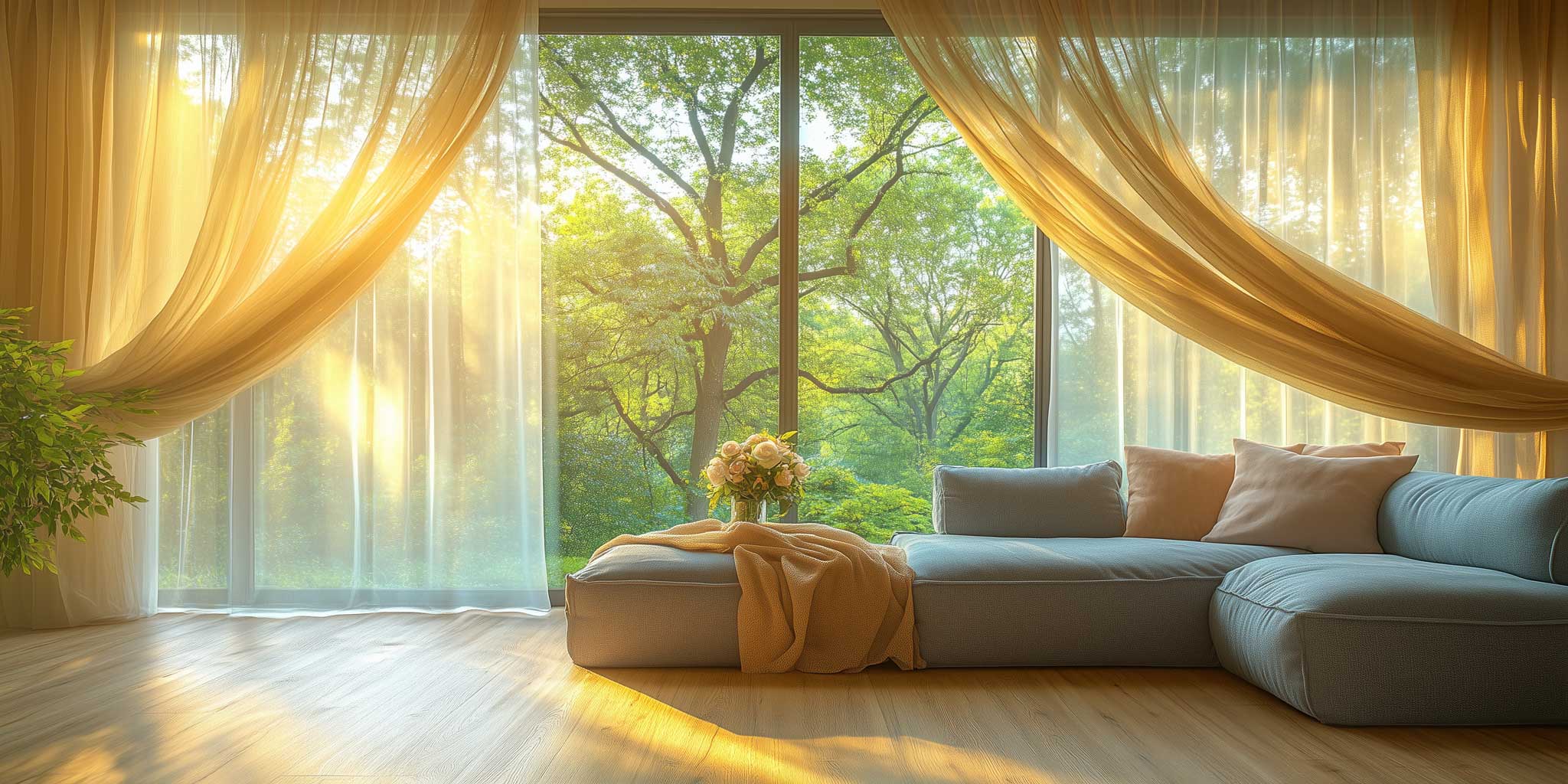 Gemütliches Wohnzimmer im Frühling mit lichtdurchfluteten Fenstern, bequemer Couch und frischen Blumen, warme und sonnige Atmosphäre