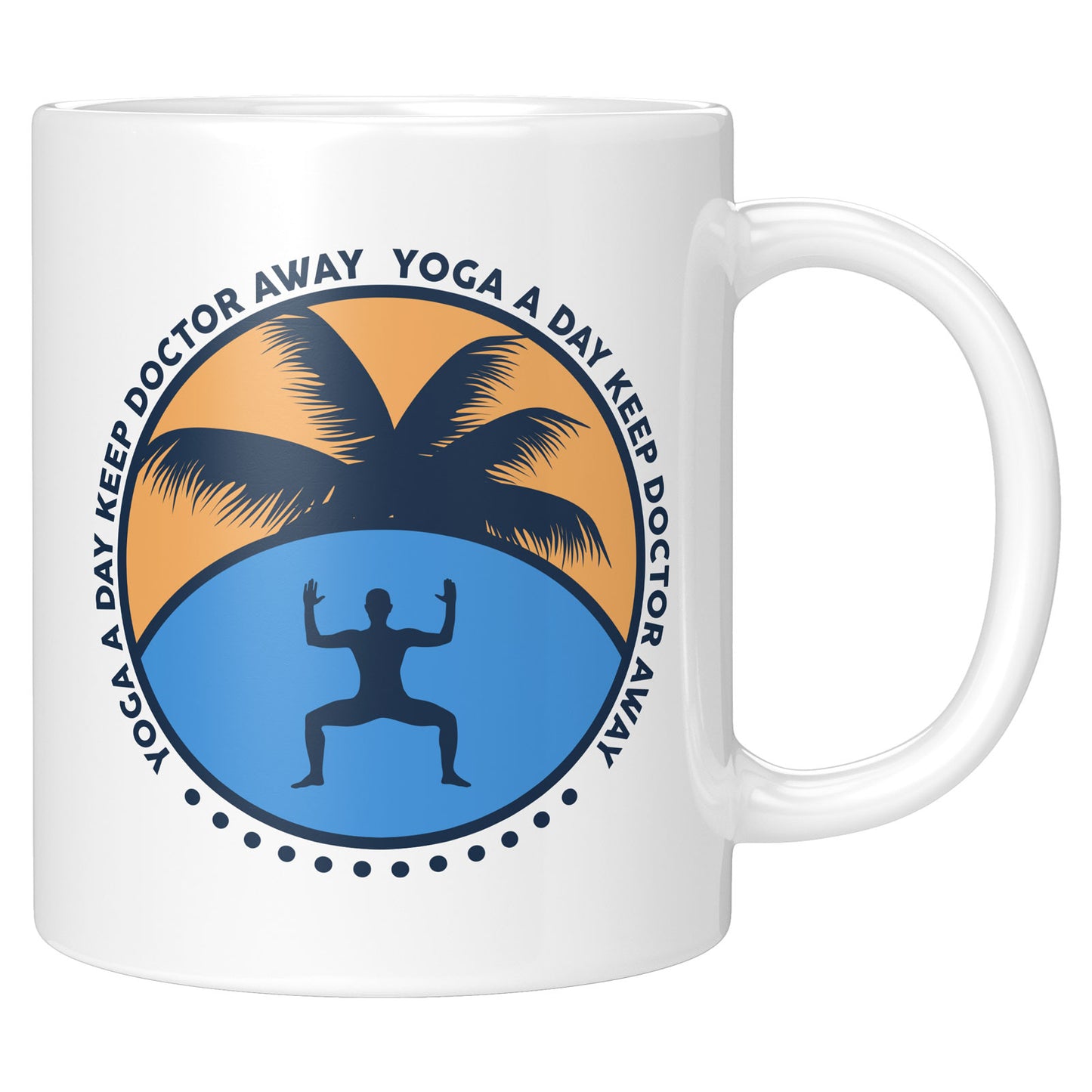 Detailansicht der Tasse „Yoga a Day Keep Doctor Away“ mit inspirierendem Spruch und farbenfrohem Design.
