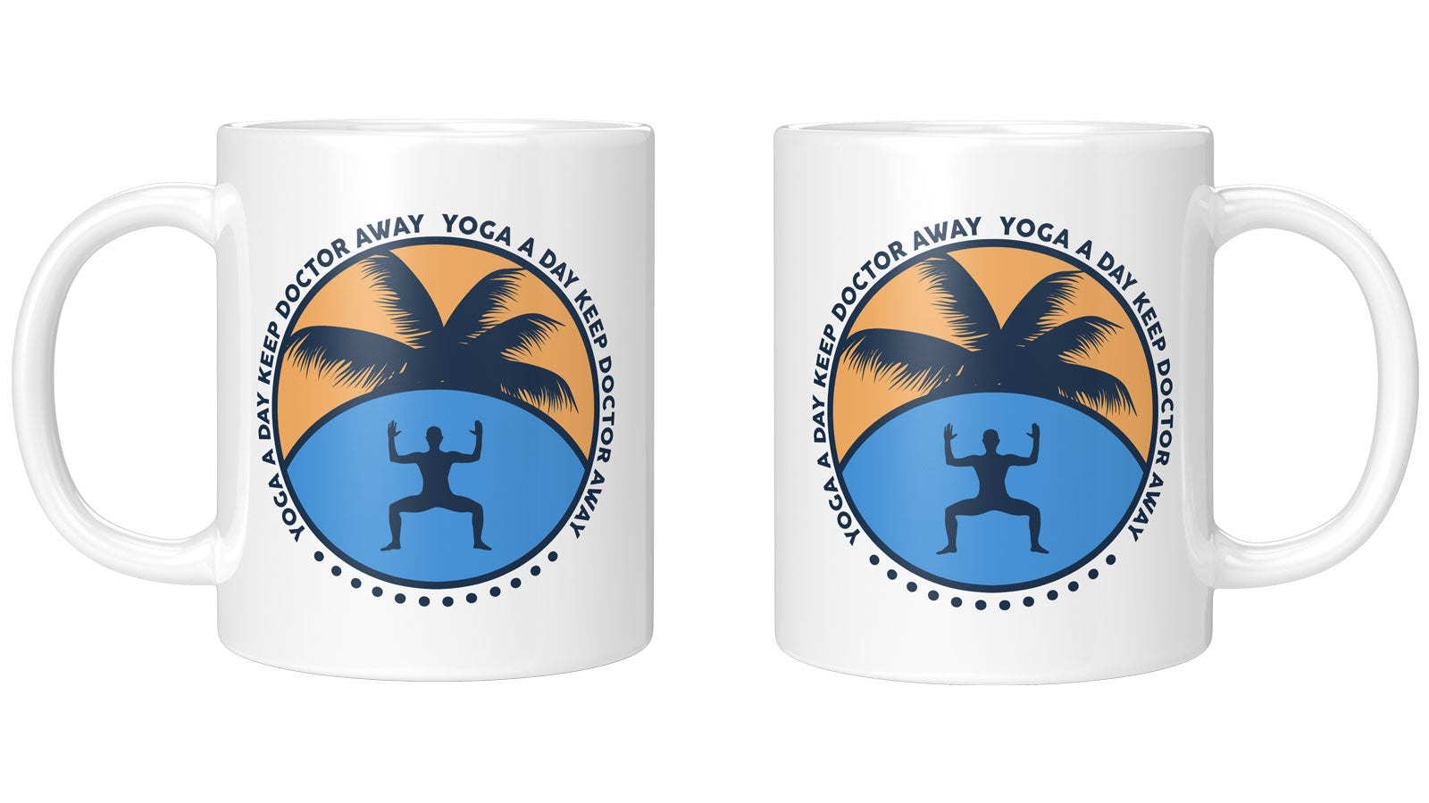 Achtsamkeits-Tasse „Yoga a Day Keep Doctor Away“ mit tropischer Palme und Yoga-Pose, ideal für Yoga-Fans.